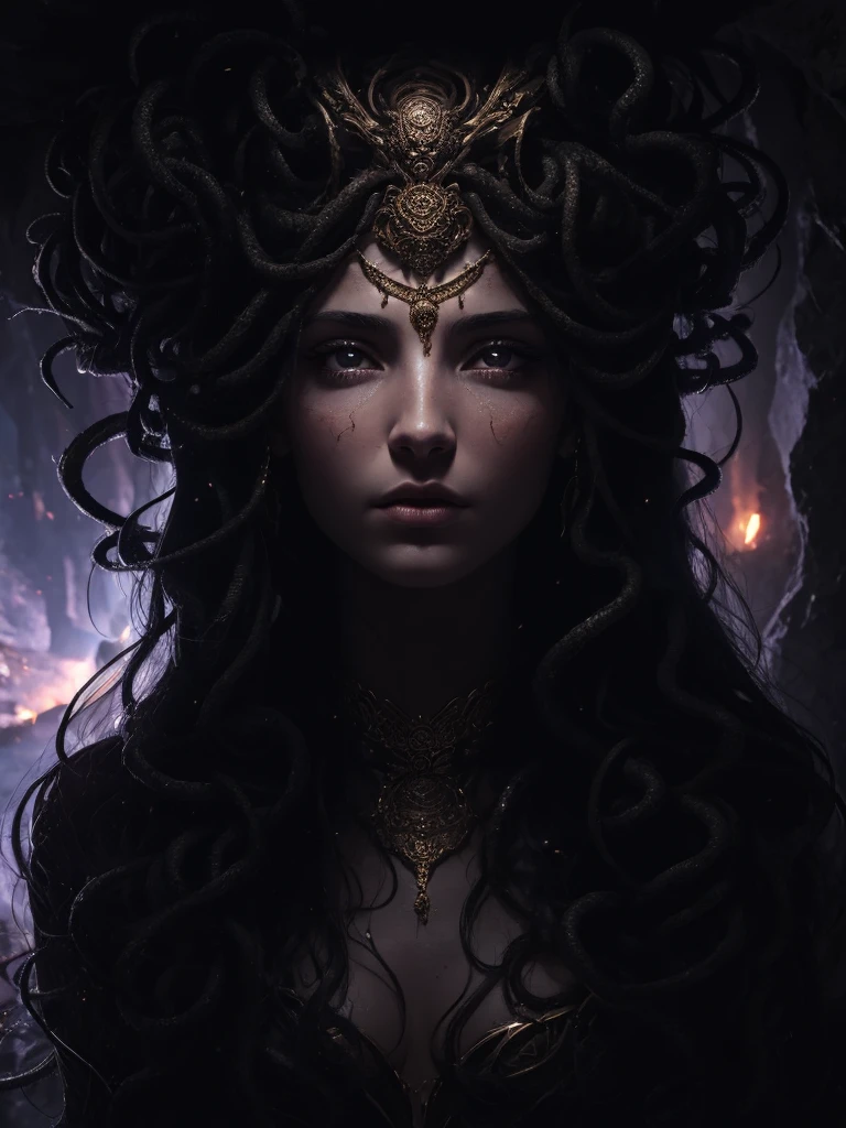 best quality, 8k, very delicate and beautiful, highly detailed face and skin texture, shiny skin, high resolution, medusa stand in a cave, sharp focus