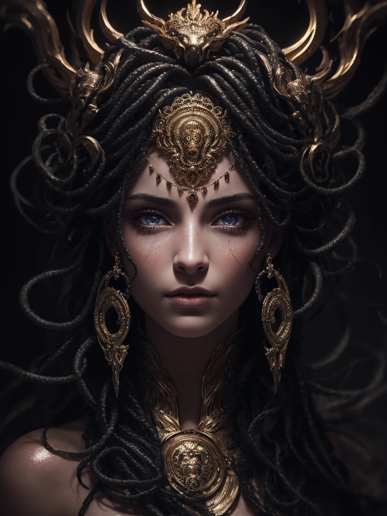 best quality, 8k, very delicate and beautiful, highly detailed face and skin texture, shiny skin, high resolution, medusa stand in a cave, sharp focus