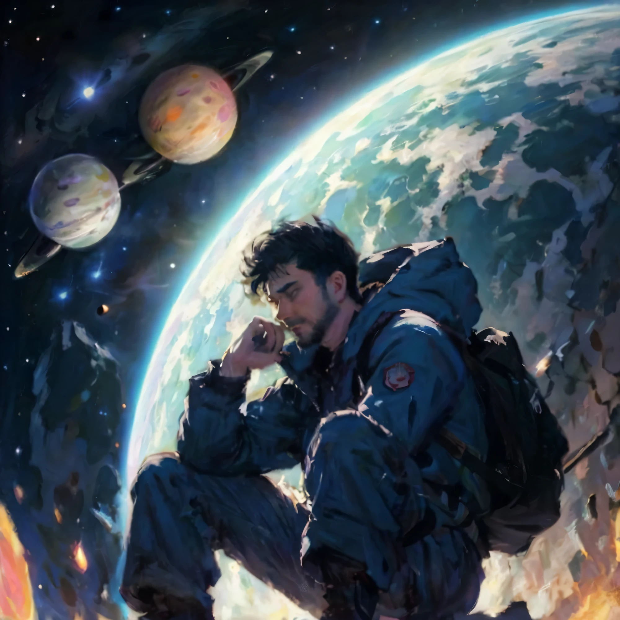 a man sitting on a rock with a backpack in front of a planet, space cowboy, ross tran style, makoto shinkai ( apex legends ), makoto shinkai cyril rolando, cyber space cowboy, inspired by Josan Gonzalez, ross tran 8 k, josan gonzales, comic cover art, ross tran. scenic background, ross tran!!!, greg beepleMasterpiece on canvas in the style of Claude Monet, extremely beautiful, detailed landscape, elements of surrealism, symbolism and surrealism, intricate design, foliage, flowers, landscape, pastel colors