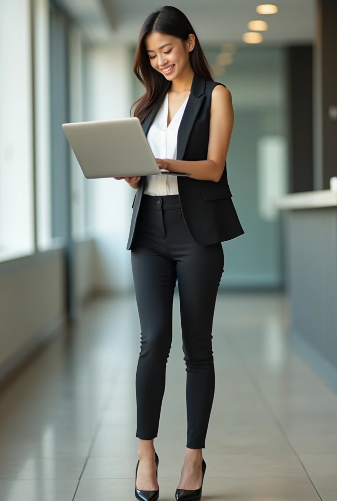 Create an image of an 18-year-old Asian businesswoman standing while working on a MacBook, smiling with a cute face. The image should be full-body, showing her wearing a slightly revealing vest, with high heels, exuding a youthful and successful appearance