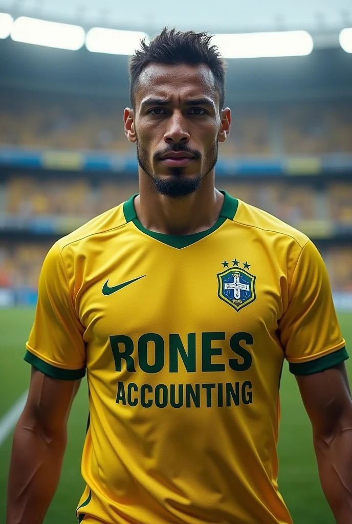 A FOOTBALL PLAYER FACING THE CAMERA HEAD-TO-HEAD, WITH GENERIC YELLOW SHIRT, SPONSORED BY RONES Accounting written in Brazilian Portuguese, IN A FULL LOCAL STADIUM