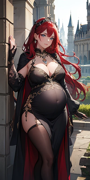 Castle wall as background, pregnant fashion model posing, (photorealistic:1.4), (masterpiece, front lighting, finely detailed beautiful eyes: 1.2), ornate black dress, masterpiece*portrait, realistic, 3d face, glowing blue eyes, shiny red hair, lustrous skin, solo, embarrassed, (midriff), absolute_cleavage, necklace, sapphire_earrings, pregnant, mesh top 