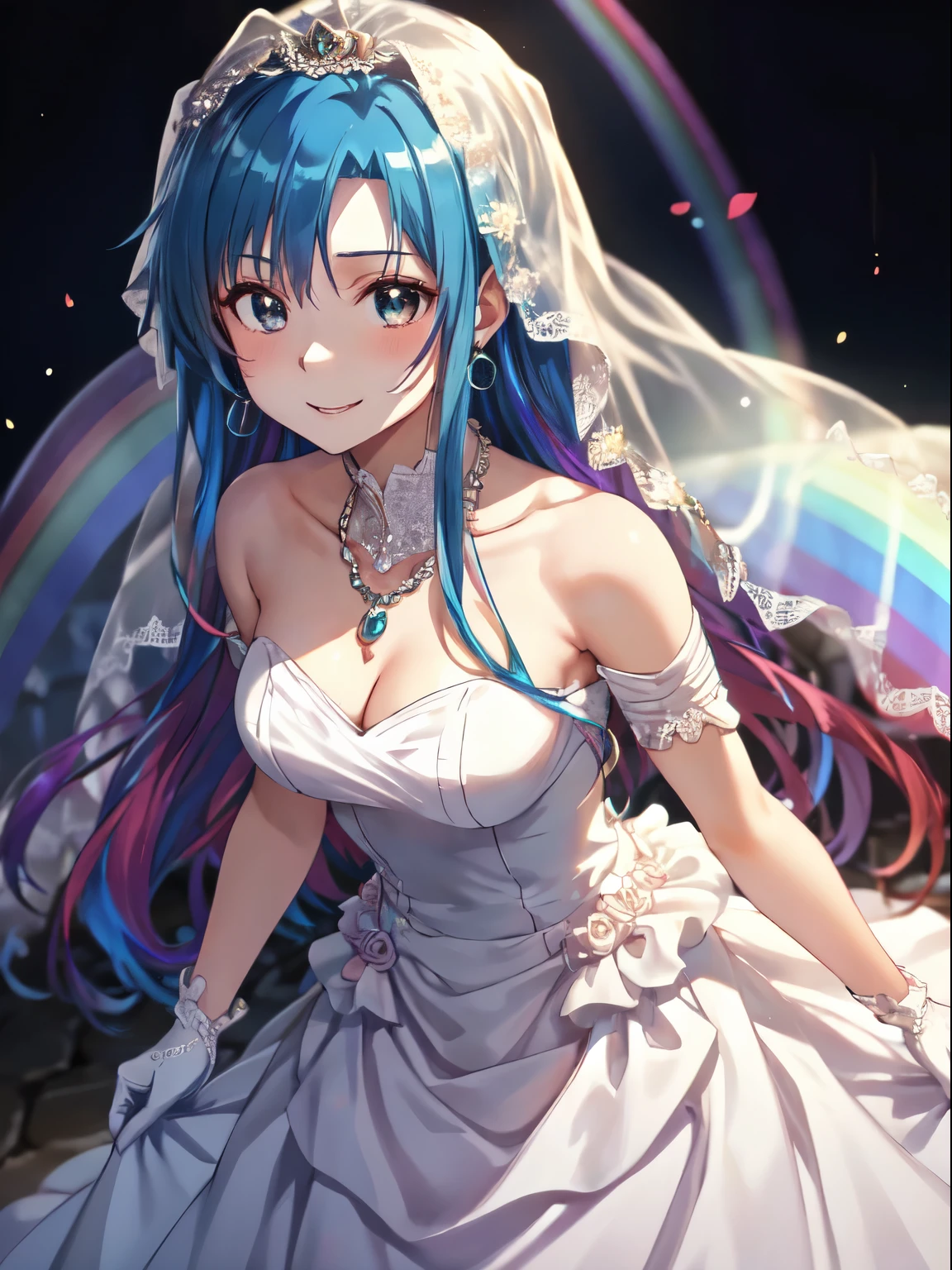 Best Photos, (Anime illustration style:1.2),Tabletop, asuna yuuki、masterpiece、Ultra-precision、high resolution, (Rainbow hair anime girl:1.5)、(Beautiful, clear, rainbow-colored hair:1.25)、Shining Eyes, Colorful eyes:1.15、whole、Front view、Absolute reference to the center、Wedding dress,(Bridal Veil:1.5),(transparent short veil:1.5)、smile,Pure white dress,necklace,Earrings,Cute breasts,bangs,(Lace gloves:1.3),High definition RAW color art,long white dress, {Beautiful iridescent wavy hair:1.15}