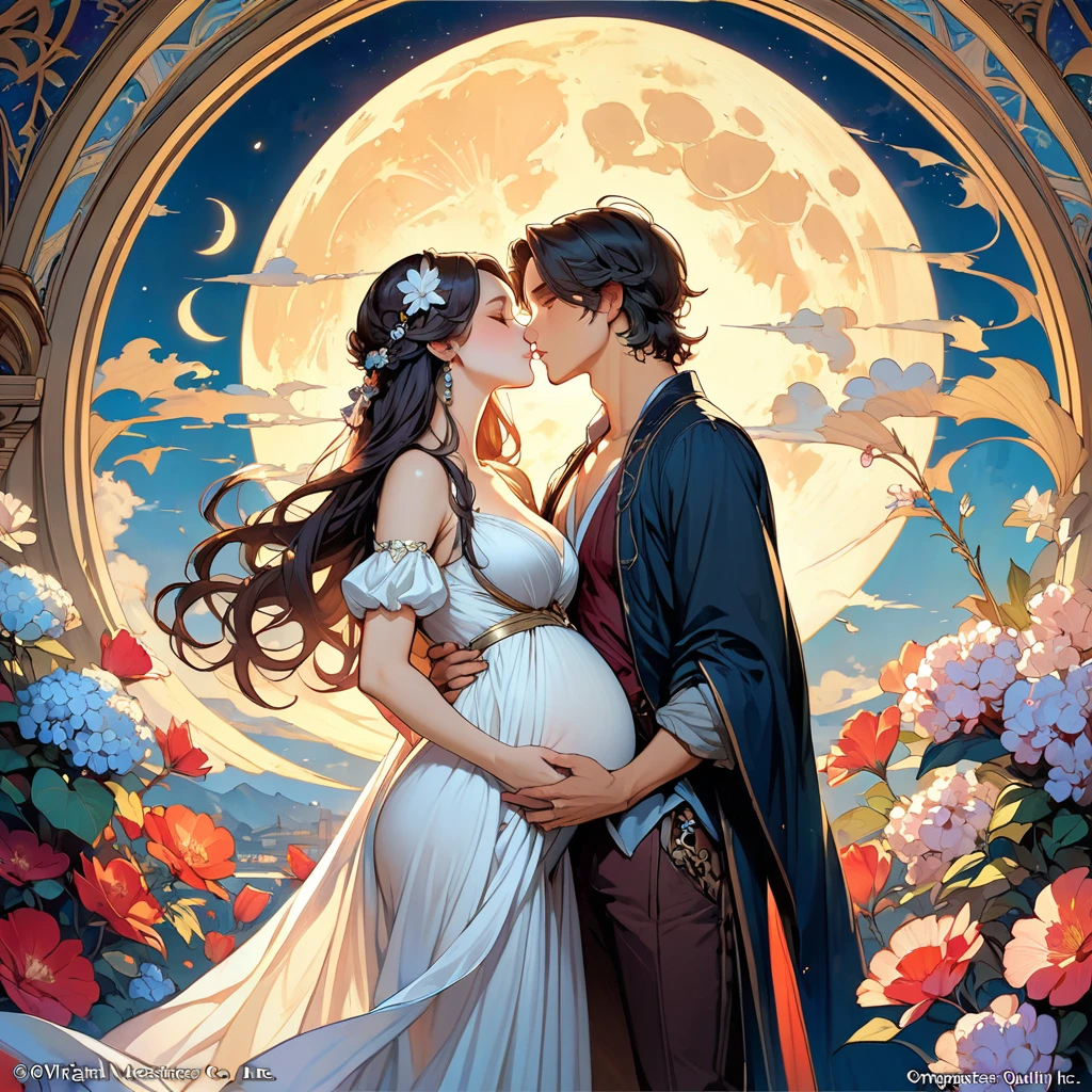 (masterpiece, Highest quality, Official Art, Beauty and aesthetics:1.5), Oil paintings by Leonardo da Vinci and Alfons Maria Mucha, (Perfect Anatomy), Two gorgeous, stunning, white-skinned, young pregnant goddesses are deeply in love with each other, kiss, Great makeup, jewelry, Romantic atmosphere, Flowers and Moon, Amazing panoramic views