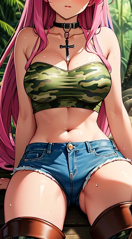 highest quality,(masterpiece),(((Whole body image))),(girl1), (Highly detailed face), Grim face, Beautiful lips,(Big green eyes),(Smooth long straight hair:1.5),(long pink hair:1.6),(Denim hot pants:1.3),(Camouflage pattern tube top:1.3),(Brown leather boots:1.2),(Knife in one hand:1.3),in the forest,In the jungle,Woman in survival mode,Sexy thighs,Heat,Sweat heavily,Tropical forests,During a break,sit cross-legged on the ground,The way the light shines is beautiful, Beautiful buttocks