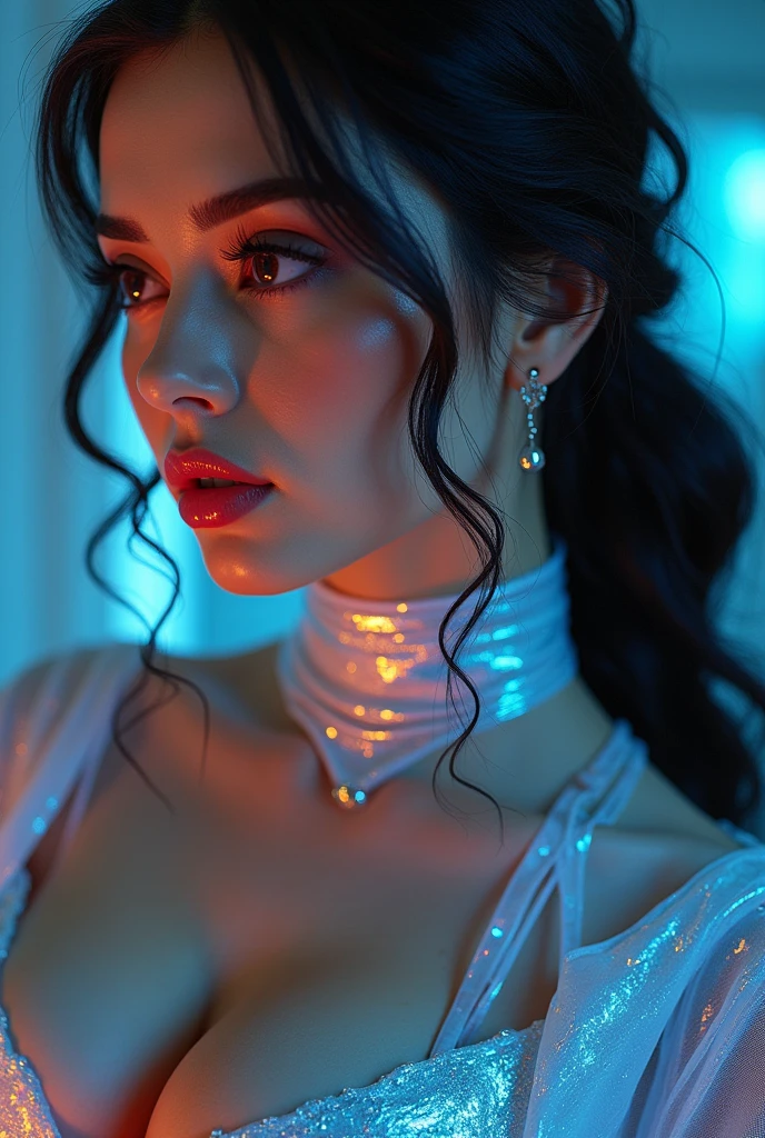 RAW Photograph, partial body of the goddess of speed and precision, stunning eyes that pierce your soul, wearing elegant clothing with luminescent detailing, curvy and sexy, colorful, highly detailed skin with visible pores, she holds secret knowledge about the fundamental nature of reality, natural breast, ample cleavage, specular highlights, future technology, cosmic motif, minimalist composition, insane intricate detail, award winning art, raytracing, sharp focus, 8k, hdr, masterpiece, photography, dslr, kodachrome, 35mm photograph, analog film, professional, highly detailed