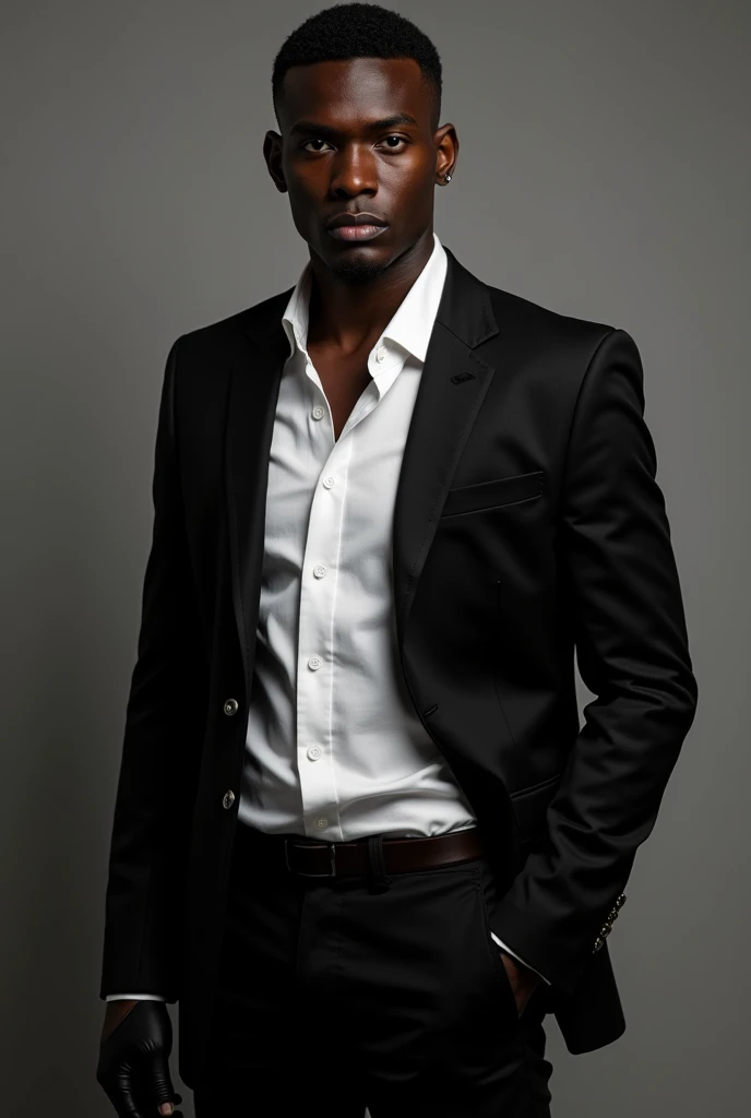 Dark-skinned Latin American Costa Rican person wearing a black jacket, black gloves, white shirt and black pants