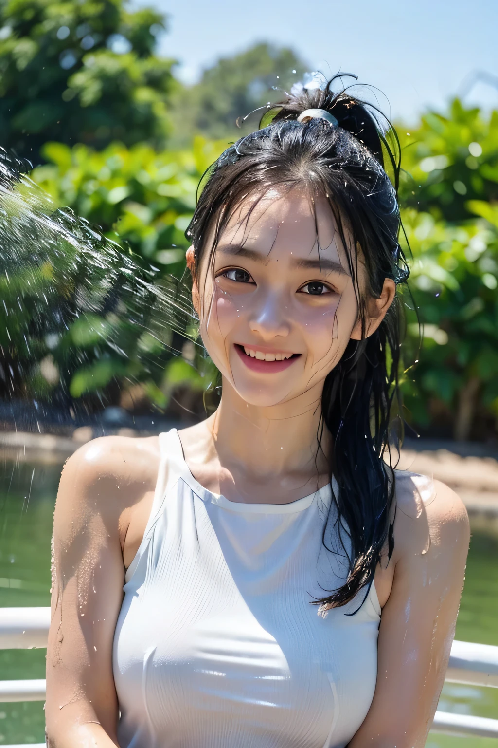 photo realistic, masterpiece, best quality, spraying water with a hose toward the viewer, white shirt wet and see-through, llarge breasts, smiling, ponytail, park background, BREAK 1girl, (((big round eyes:1.3))), (((childlike face:1.4))), (((round face:1.4))), (((tareme:1.3))), ((bangs:1.2)), (wet skin:1.5), (oiled skin:1.2), (sweat:1,5), (wet clothes:1.5), [see-through:0.9],