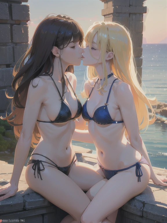 Tabletop,super high quality, Hyper Detail,Perfect drawing,Hmph,3d,8k,Awareness-raising、there is nothing、(((Two beautiful girls)))、bikini、Swimwear)、(Sitting on the breakwater)、close your eyes、((French kiss))、The Sunset Sun、horizon、coastal、Backlight、Shining Water Surface、Beautiful background、Accurate drawing、Detail view
