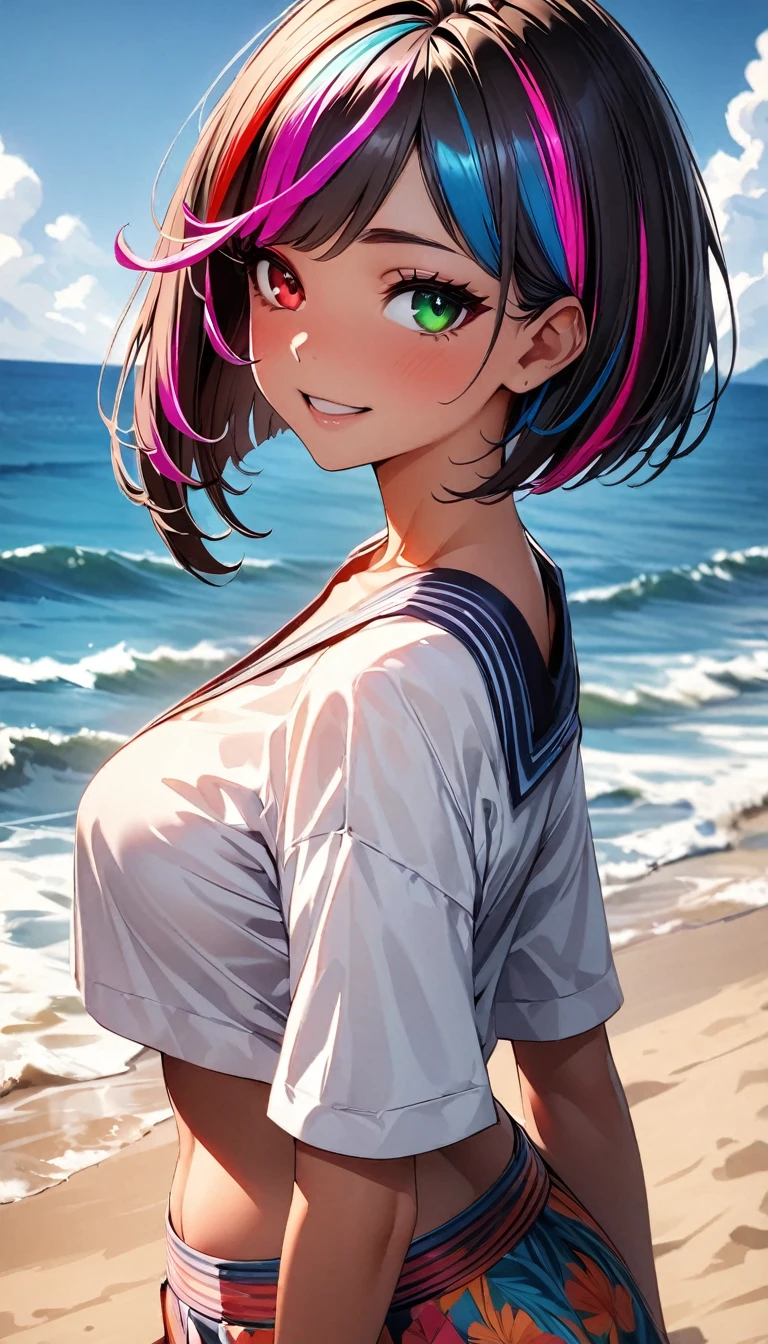 (highest quality:1.2, Very detailed, up to date, Vibrant, Ultra-high resolution, High Contrast, masterpiece:1.2, highest quality, Best aesthetics), Portraiture、girl、solo, (25-years-old:1), slim, heterrochromia, green eye, red eye, Bright colors、Beautiful fine details、Beautiful lip detail、extra short hair, ((bob cut:1.5))、pink and purple, ((streaked hair:1.9)), (highlights hair: 1.6), (Striped-bikini:1), (medium breast:0.7), (tan skin:0.5), (happy:1), tropical beach, blue sky, blue ocean, sunshine, cowboy shot, looking forward, from side,
