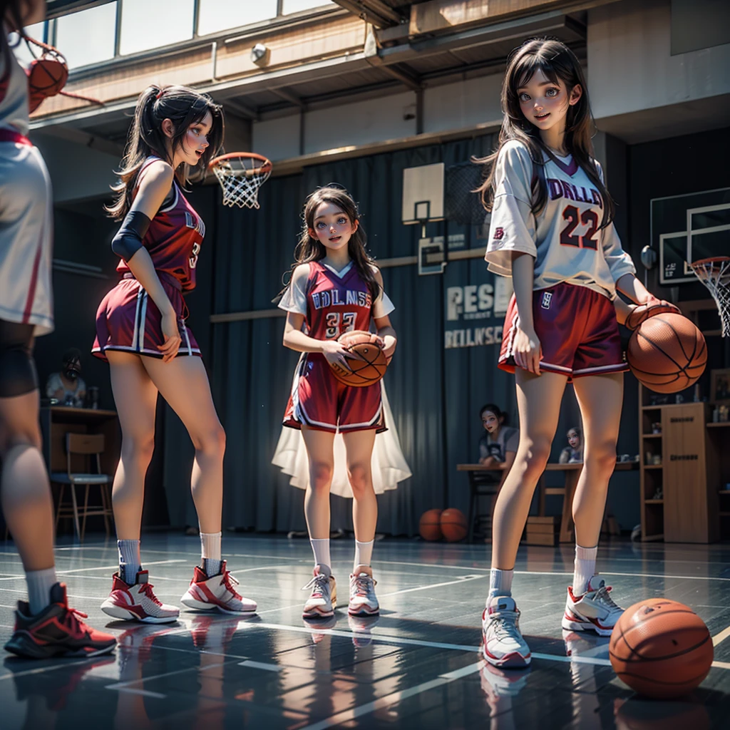 ExtremelyDetailed (((Basketball Team Girls in a row:1.4))), Childish perfect face, Reflective Eyes, Detailed(Delicate Clothing textures), Corrected Leg to Foot Line, Corrected Perfect Hand, Dynamic Joyful Expressions LifeLike Rendering, ((Specular Reflection:1.28)), TopQuality 8K Ultra-detailed masterpiece (ProfessionalPhoto:1.37)(Acutance:0.8),(Luminism:1.22), Locker room (Exposed) (Changing clothes)