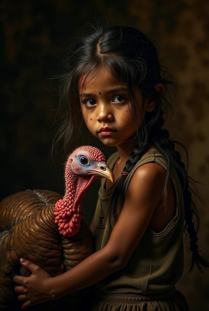 "(the best lighting, high contrast, dark, dramatic),(Mexican Mayan indigenous girl with a turkey, and with a slightly dirty face,with Mexican regional overflow . Luz Caravaggio" very dark background, warm tones,