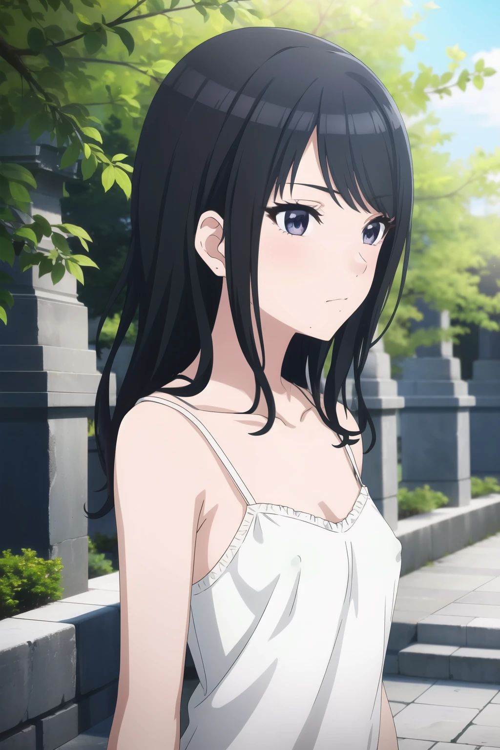 masterpiece, high quality, 8k, Beautiful lighting,sunny day, 1 girl, alone, hiori kazano, ,,((detailed white camisole)), erectile nipples,((Detailed eyes:1.5)),((close up:1.5)),,, ((Upper Body)),((Slender body)),,Detailed face,((flat-chest)),,squinting,blush,View your viewers, outdoor, perfect nipples, detailed erectile nipples, long bangs,