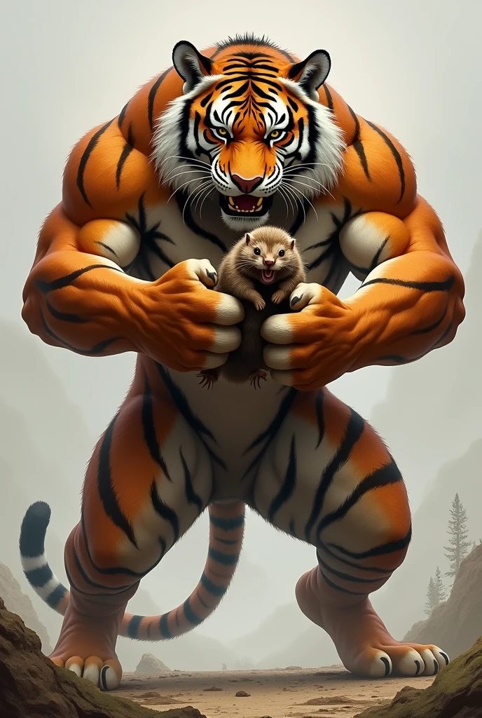 Muscular tiger standing holding a gopher with one hand
