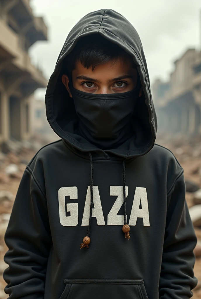 Teenage boy wearing a mask and hoodie with GAZA written on it