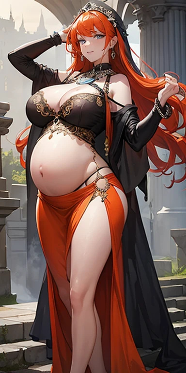 Castle wall as background, pregnant fashion model posing, (photorealistic:1.4), (masterpiece, front lighting, finely detailed beautiful eyes: 1.2), ornate black dress, masterpiece*portrait, realistic, 3d face, glowing blue eyes, shiny orange hair, lustrous skin, solo, embarrassed, (midriff), absolute_cleavage, necklace, sapphire_earrings, pregnant, mesh top 