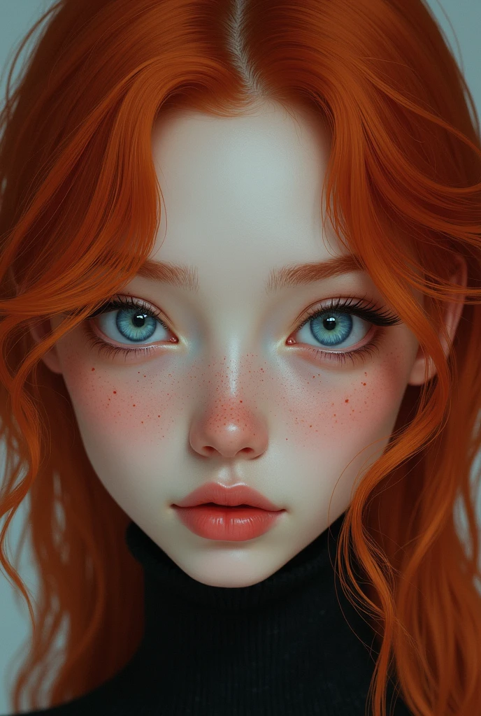 Asian blue eyes with freckles and redhead