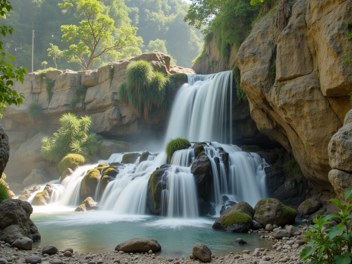 (Masterpiece, Best Quality, High Quality, Highres:1.4), Detailed, Extremely Detailed, Ambient Soft Lighting, 4K,Blurry, Blurry Background, Depth of Field, Bokeh, DOF, Fog, Bloom, Outdoors, (Nature, tropical forest:1.2), (Rocks:1.2), Mountais, Plants, waterfall,