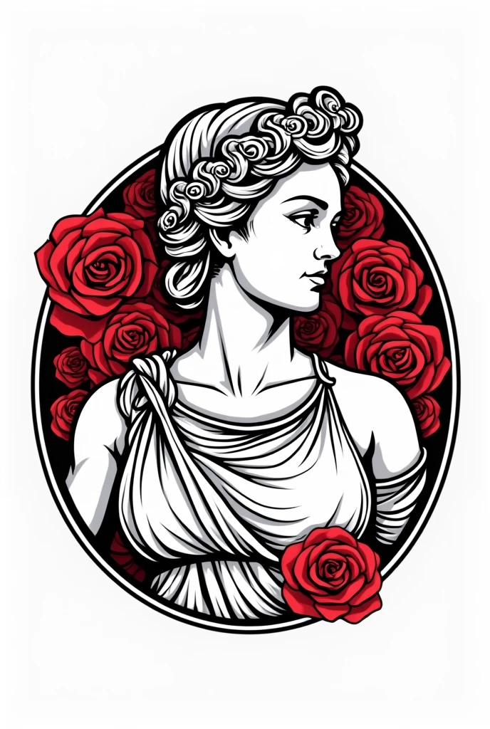 logo with the title (atena's burger) white background and round frame with the image of the goddess Athena from Greek mythology colored with red roses in the background