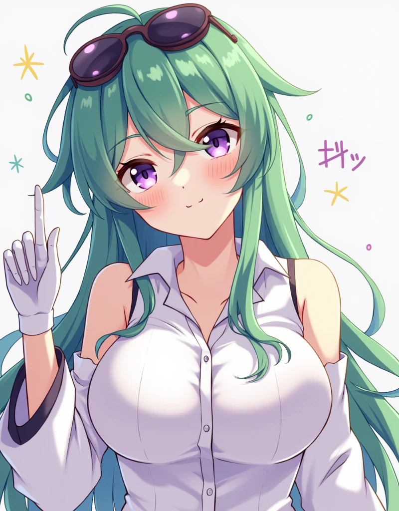 masterpiece, best quality, very aesthetic, absurdres, 1girl, mature_lady,,1girl, huohuo \(honkai: star rail\), honkai \(series\), green hair, eyewear on head, breasts, purple eyes, long hair, shirt, gloves, small breasts, nude,without clothes,nude,show her pussy,