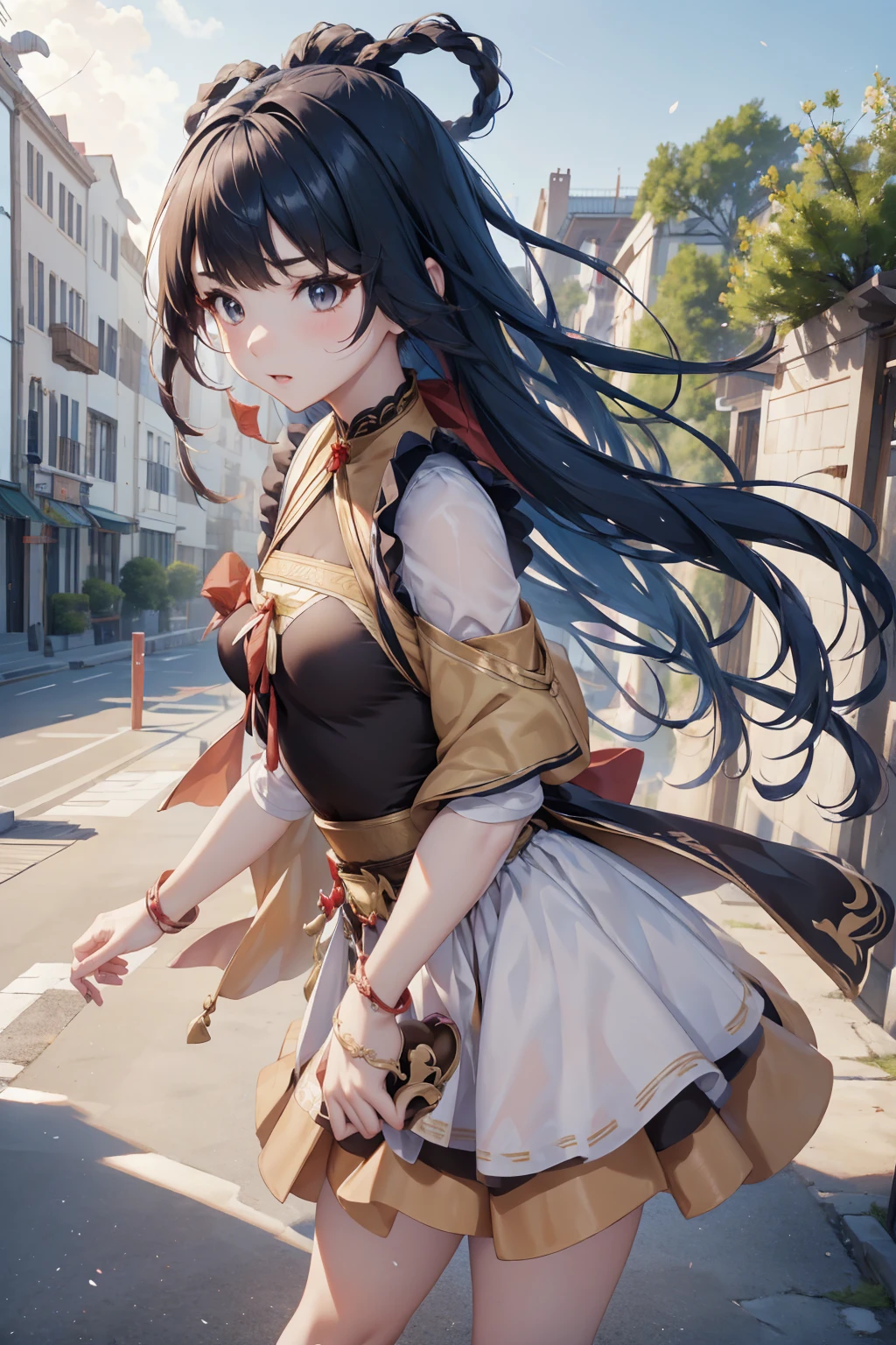 xiangling from Genshin Impact, low-angle shot, long skirt, holding down her skirt as it is being blown by a strong wind, the wind reveals her white cotton panties, high quality, masterpiece, ultra-fine illustrations, detailed background, realistic lighting, dynamic pose