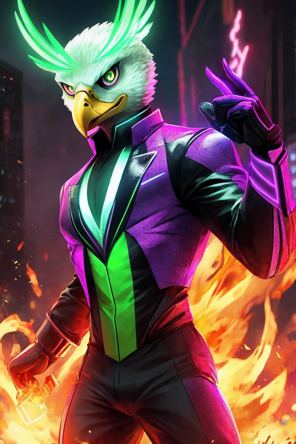 a person with the face or head of an eagle with fire eyes ,neon green glowing in a full suit and purple gloves 2d