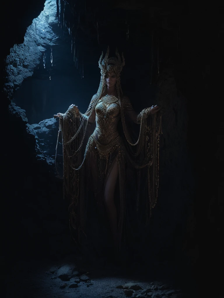 best quality, 8k, very delicate and beautiful, highly detailed face and skin texture, shiny skin, high resolution, medusa stand in a cave, full body, sharp focus