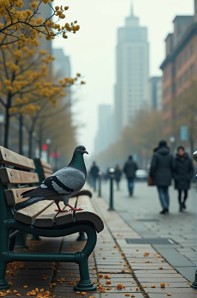 A detailed urban scene featuring a pigeon perched on a weathered park bench, its feathers slightly ruffled by the wind. The pigeon is surrounded by scattered breadcrumbs on the pavement, with a background of tall city buildings, a few trees, and people walking by, capturing the everyday life of the city. The sky is overcast, giving the scene a muted, atmospheric tone.