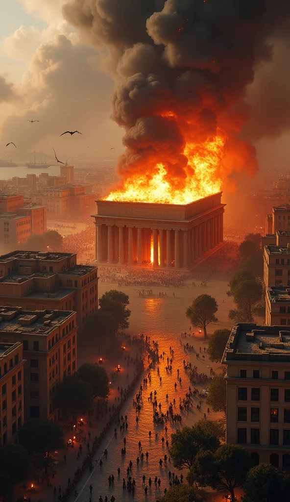 : A dramatic aerial scene capturing the Library of Alexandria engulfed in flames. Smoke billows into the sky, and the fire spreads to nearby buildings. The once-bustling city streets are now filled with panicked citizens fleeing the inferno, while ships in the harbor are burning. The sky is darkened by the thick smoke.