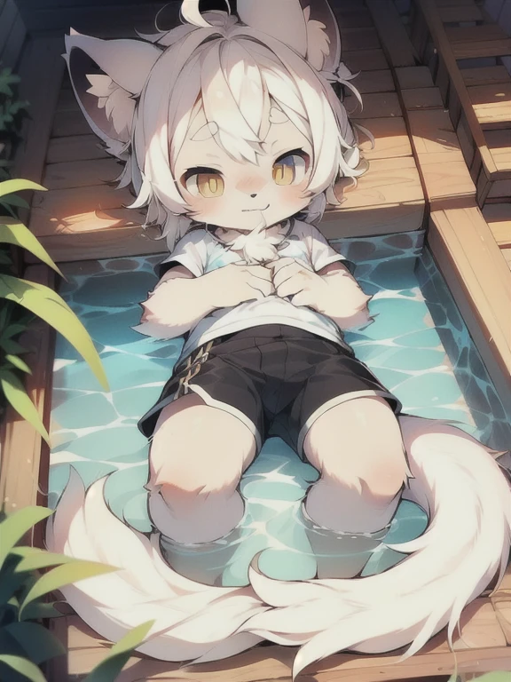 (by Dagasi: 1.1), rest, masterpiece, high resolution, 8K, Detailed background, high quality, rest, rest, ((Light blue fur, White hair, Black sclera, Yellow eyes, Fluffy, 细致的fur)) fur, rest, male, Humanoid, shorts, Swimming pants，1.7 meters tall，Single eye