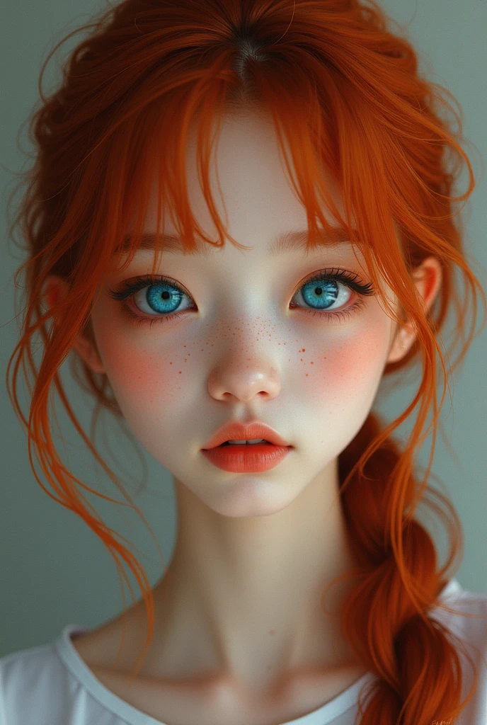 Asian blue eyes with freckles and redhead
