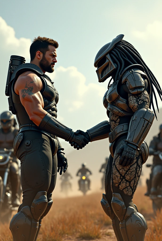 A muscular Spartan and a helmeted Predator shaking hands in friendship,and in the background many half SPARTAN motorcyclists,half predator with helmet