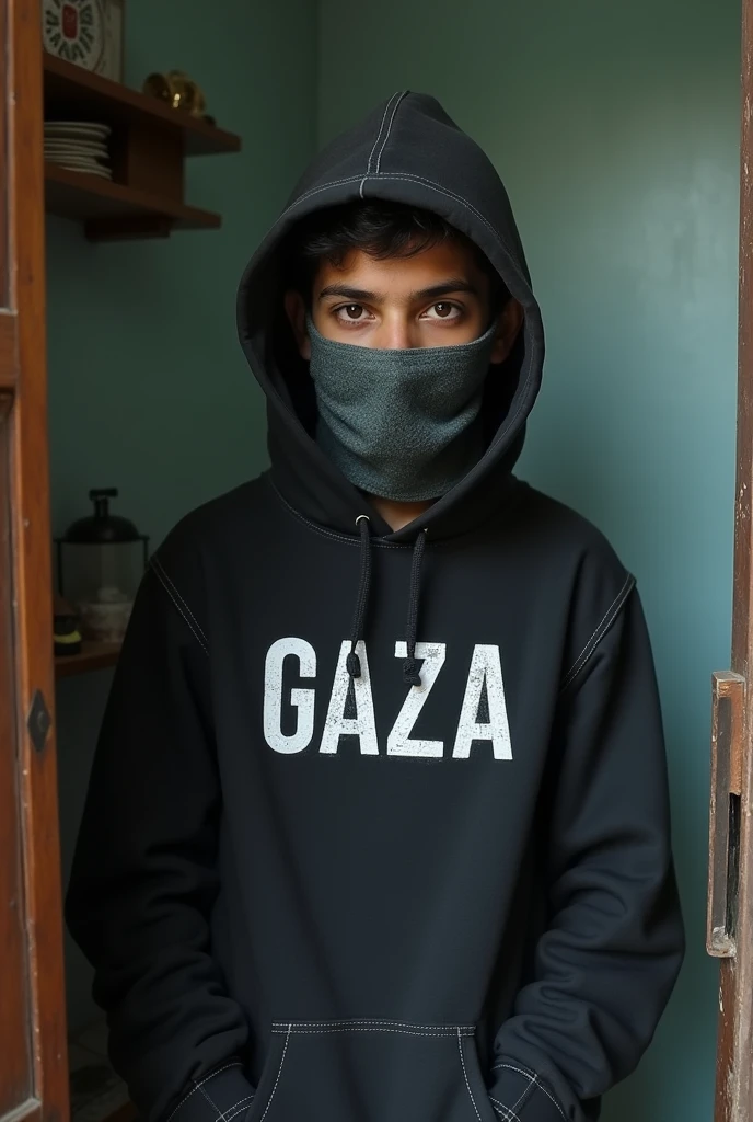 Teenage boy wearing mask and hoodie with GAZA written on it in room