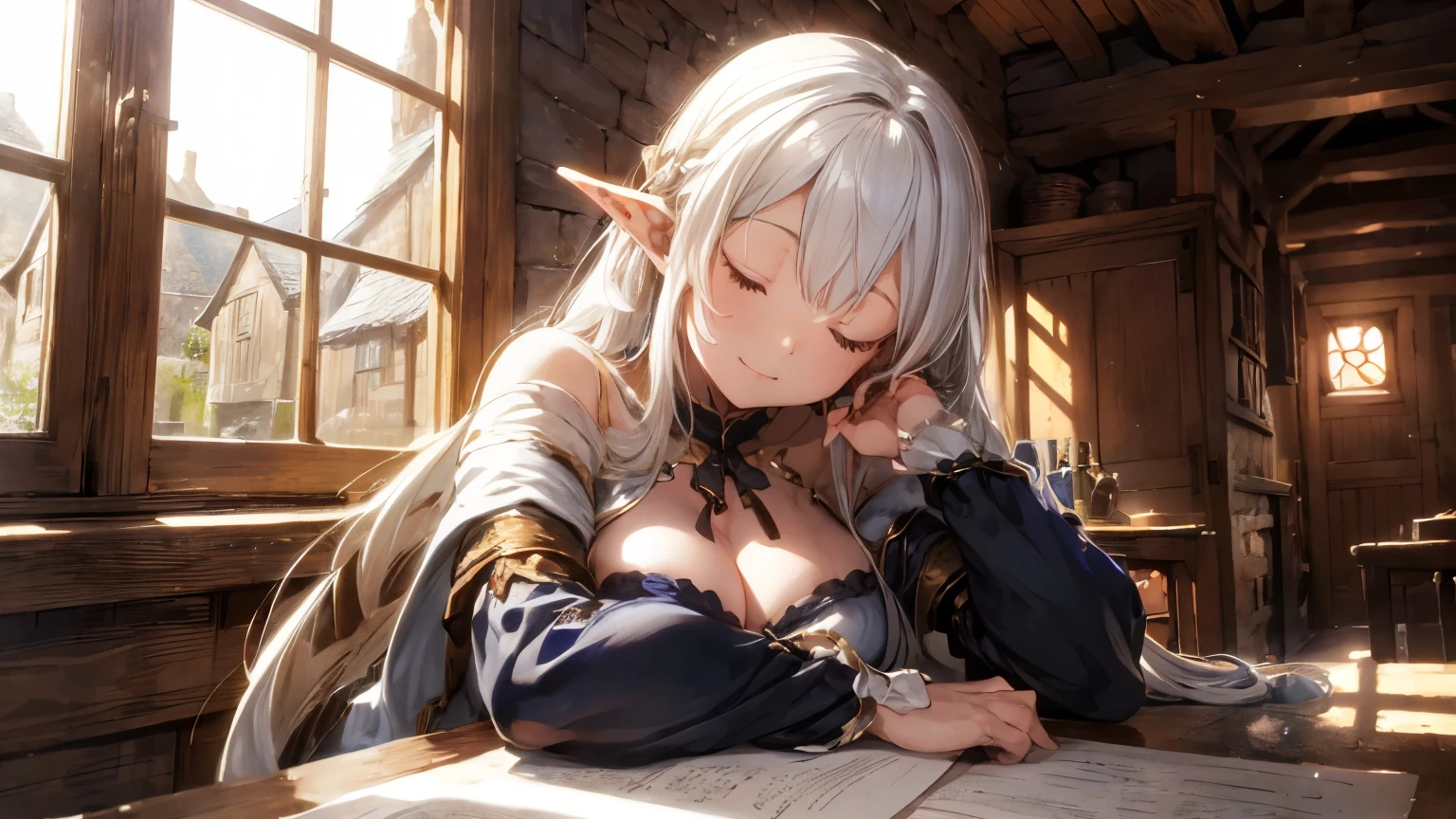 medieval inn scene room with an cute and sexy body and long white hair elf girl sleeping closed eyes. She is feeling the gentle breeze as the sun shines through the medieval window.