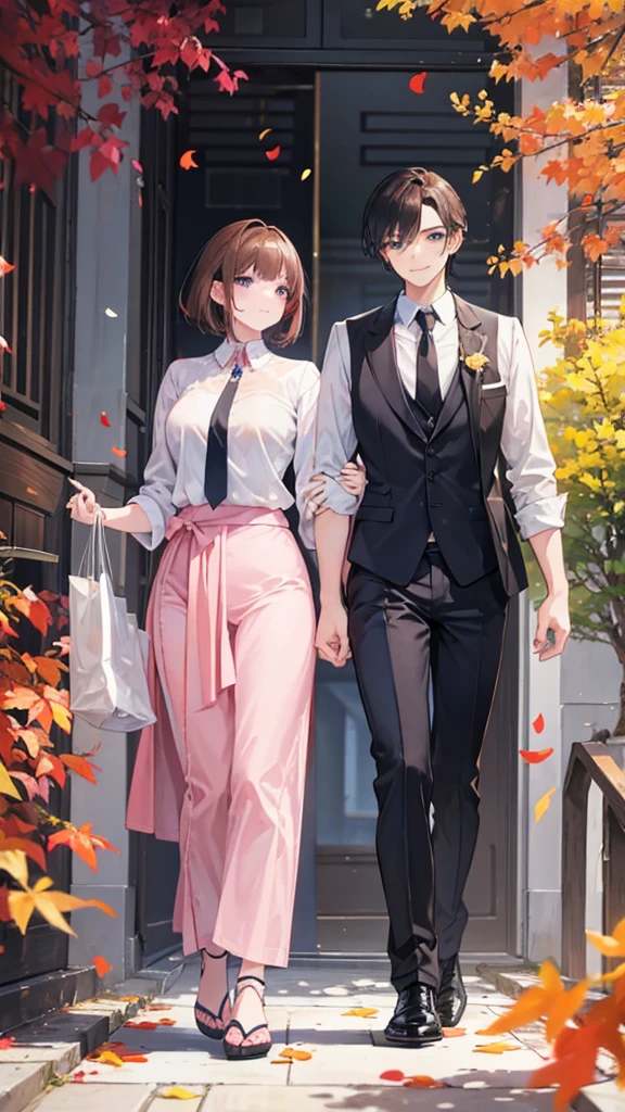 There are two Thai-style men.,A 170 cm tall man with brown hair and pink skin, short hair, cute face, slim figure, wearing a white shirt and a black tie, brown eyes, left hand holding a glass of juice, pink cheeks, right hand holding the left hand of a 180 cm tall man with black hair.,Pinkish white skin, big figure, good figure, blue eyes, wearing a white shirt, wearing a tie, smiling happily, walking. In the background, there are yellow leaves falling down, giving a warm feeling.