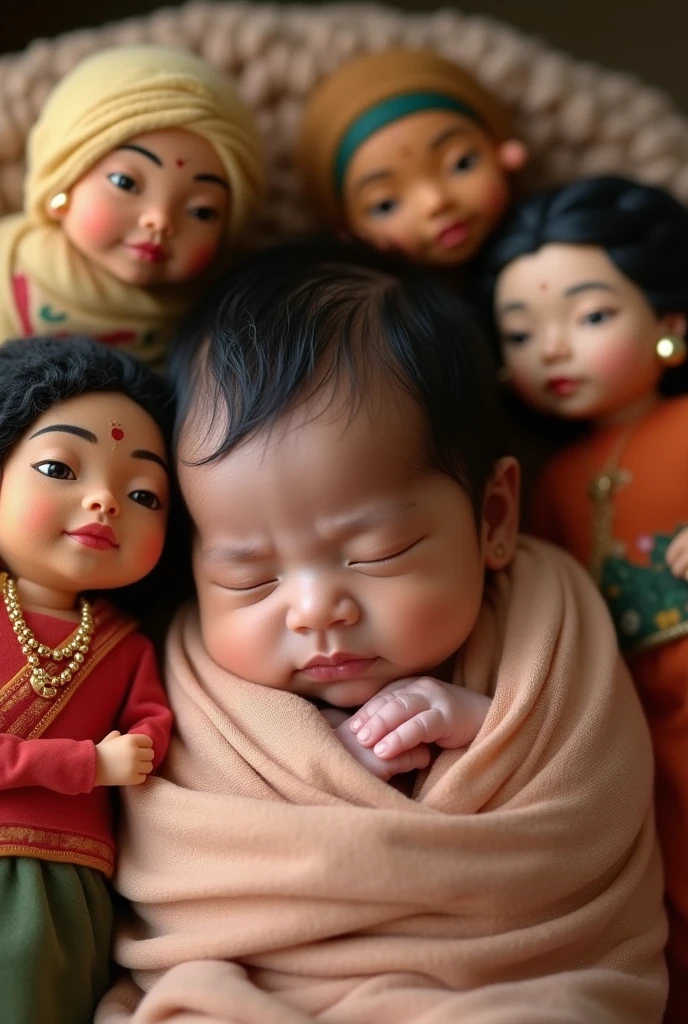 (32K,RAW photos,best qualtiy,tmasterpiece:1.6),(realisticlying,Foto realism:1.72), In a fascinating picture,Indian elegant woman,brunette color hair,Wear an Indian sare,Light yarn flutters,Holding a bottle in his hand,Holding a ,There are 5 small babiere are 5 small babies in total,robe,Baby's cuteness,It creates a captivating scene of harmony and otherworldly beauty。 hdr,(真实感,Masterpiece quality,best qualtiy),,PureErosFace_V1,Urzang-6500-V1 Edition, Edition, Edition.1,nice hand,Good feet,good legs,realisticlying,(Delicate beautiful eyes and delicate face),(Clear focus,rich details),The background is well lit,Calm expression,aliasing,depth of fields,Gentle lighting,Tone-mapping,Background highly detailed,Dramatic lighting,Shoot with a Hasselblad X2D camera and a 100mm f2.2 lenses,plethora of colors,The light is gentle,It has a super realistic texture。