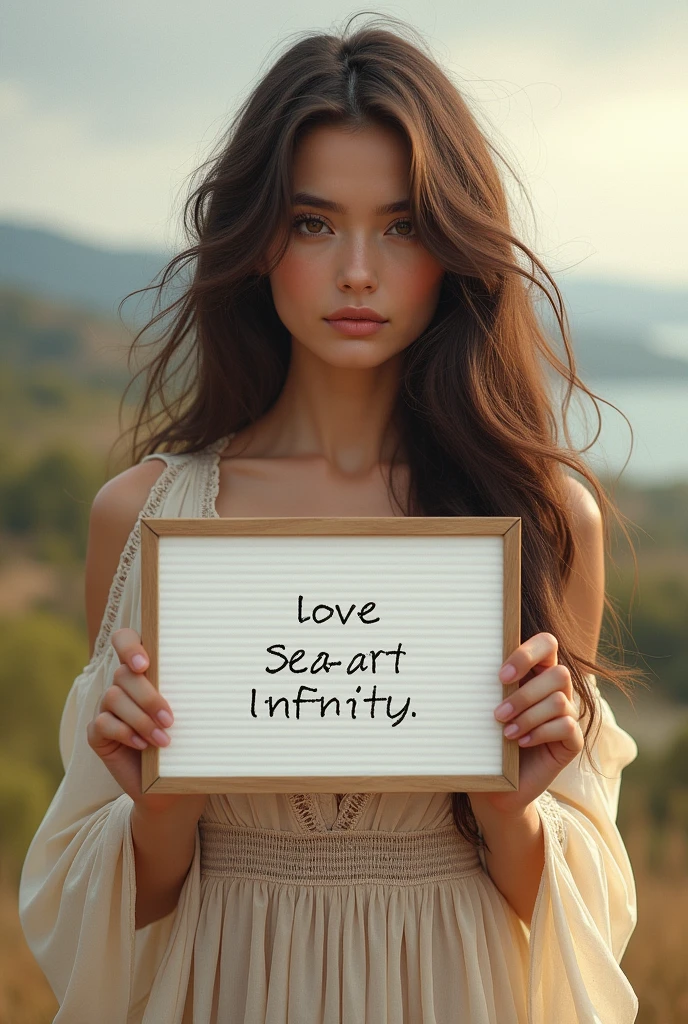 Beautiful girl with wavy long hair, bohemian dress, holding a white board with text "I Love Seaart Infinity" and showing it to the viewer