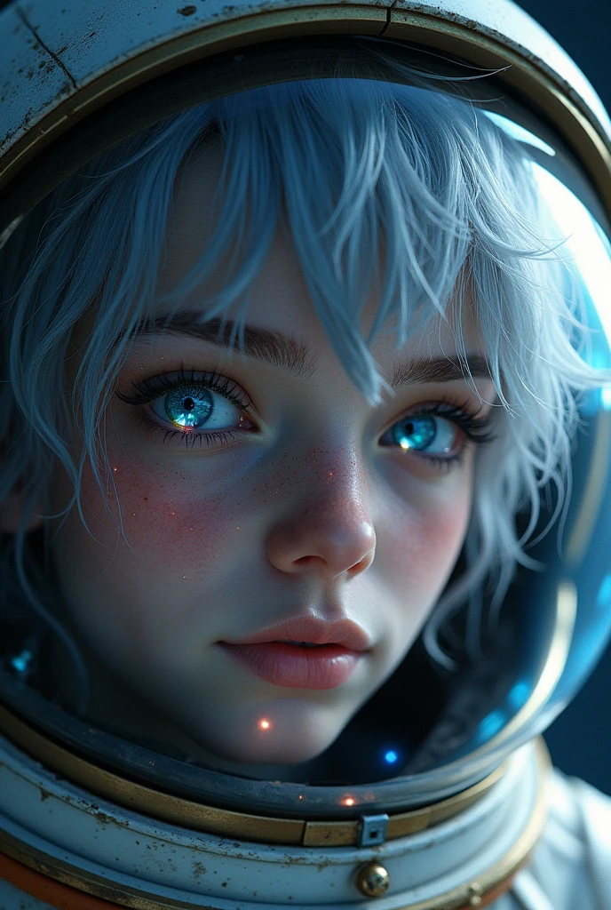 (Close-up of a better masterpiece:1.5)0.9], (Space and astronauts:1.2) (Messy silver hair:1.1) (Heterochromia xanthochromia and blue eyes:1.2) (Space Helmet:1.0) (Colored stars in the eyes:1.0) (A radiant glow:1.1) (thick lips:0.9)