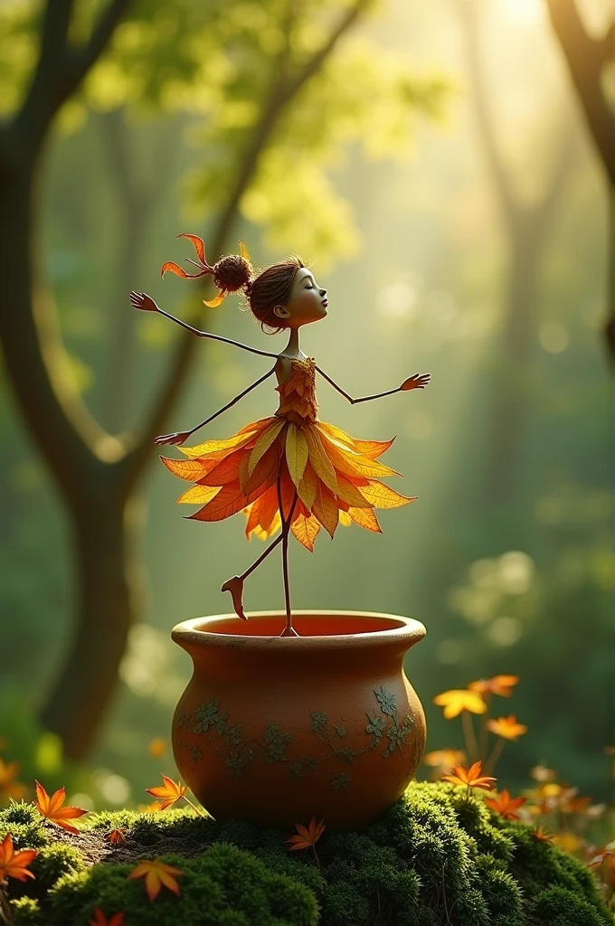 A whimsical miniature figure composed of delicately arranged autumn leaves, poised in a carefree dance on the rim of a weathered moss-covered terracotta pot, set against a lush, vibrant forest backdrop, where dappled sunlight filters through the canopy above, casting intricate shadows. The overall ...