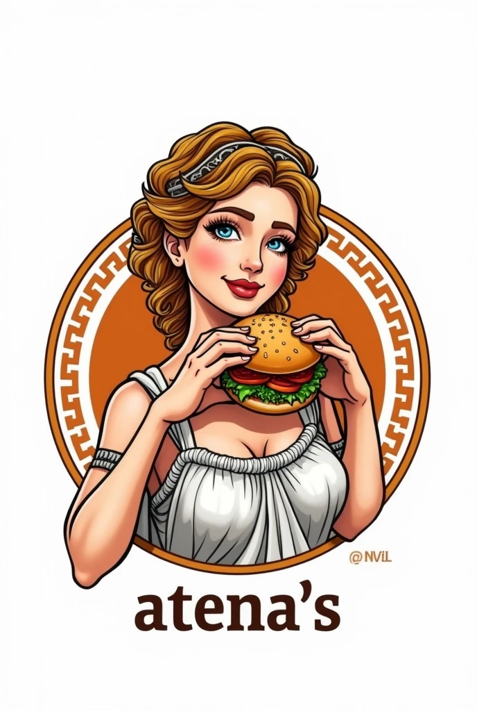 logo with the title (atena's burger) white background and round frame with the image of the goddess Athena from Greek mythology eating a hamburger