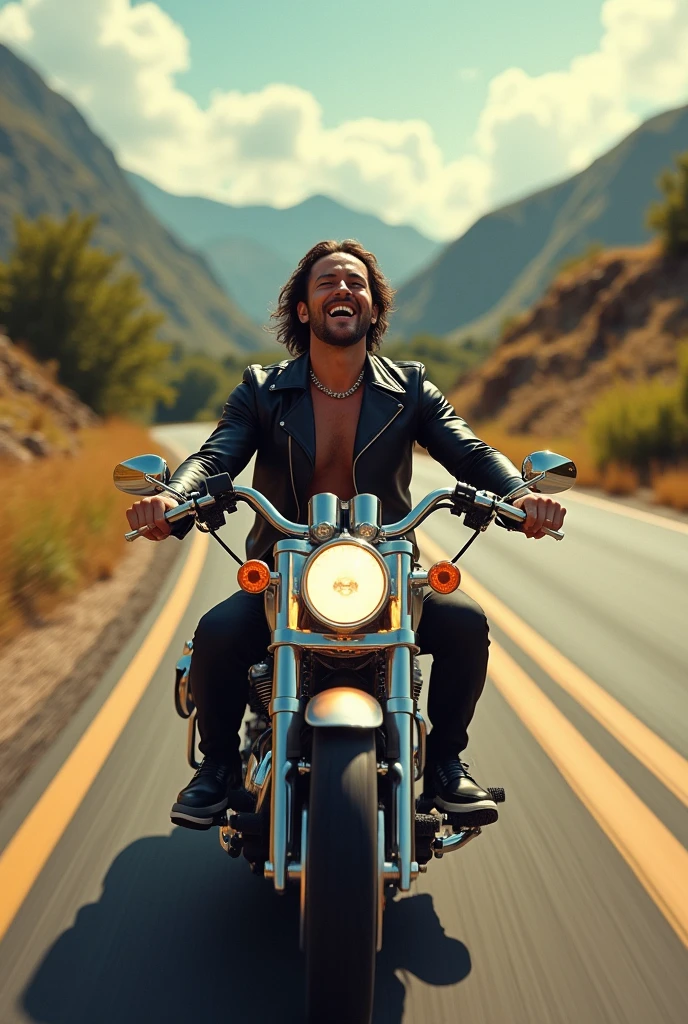Singer on motorcycle singing on the road