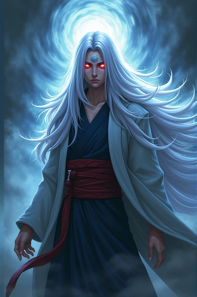 A character from Naruto, LONG white hair, Eyes red, byakugou on the forehead