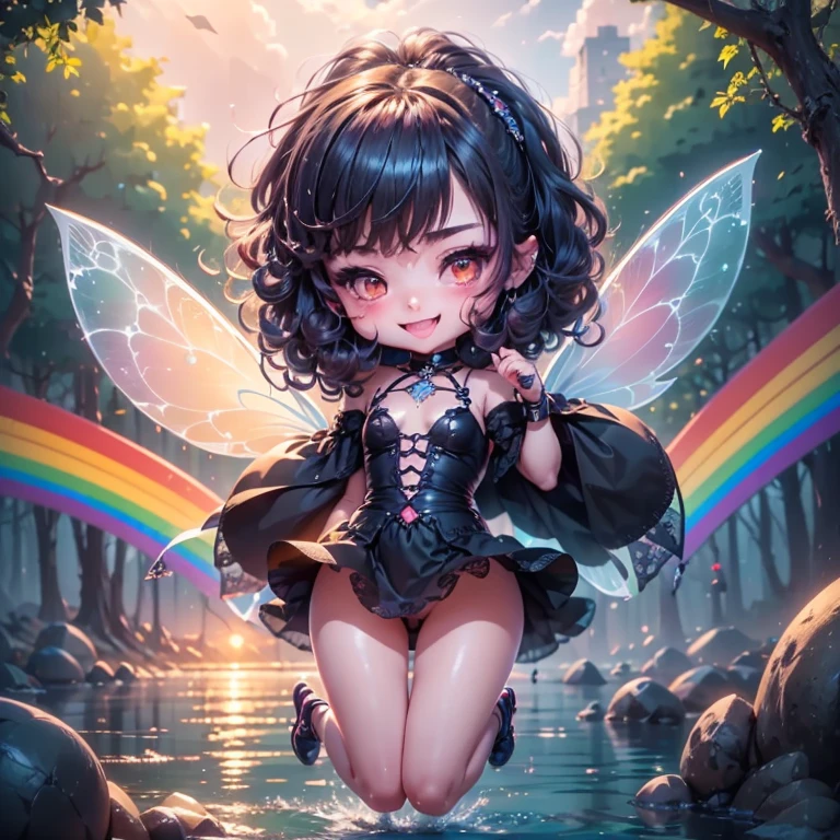 masterpiece、top-quality、ultra-detailliert、(Fairy Daughter:1.2)、(Chibi Chara:1.1)、wraith、Curly hair、Open your mouth and smile、lake in the middle of a forest、jumping、Rainbow Light、the morning sun、rainbows