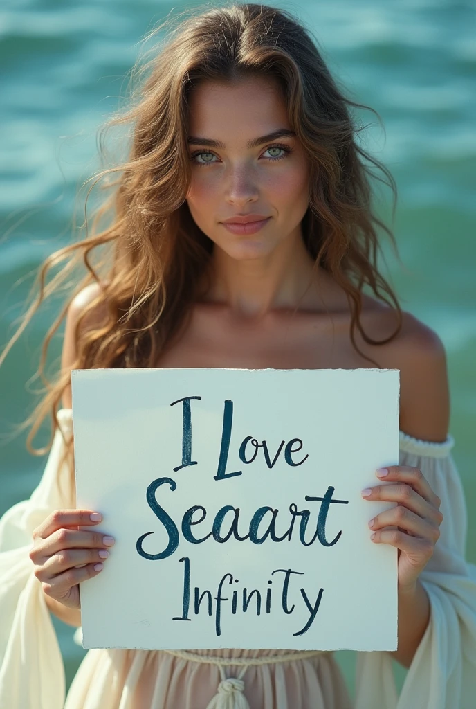 Beautiful girl with wavy long hair, bohemian dress, holding a white board with text "I Love Seaart Infinity" and showing it to the viewer