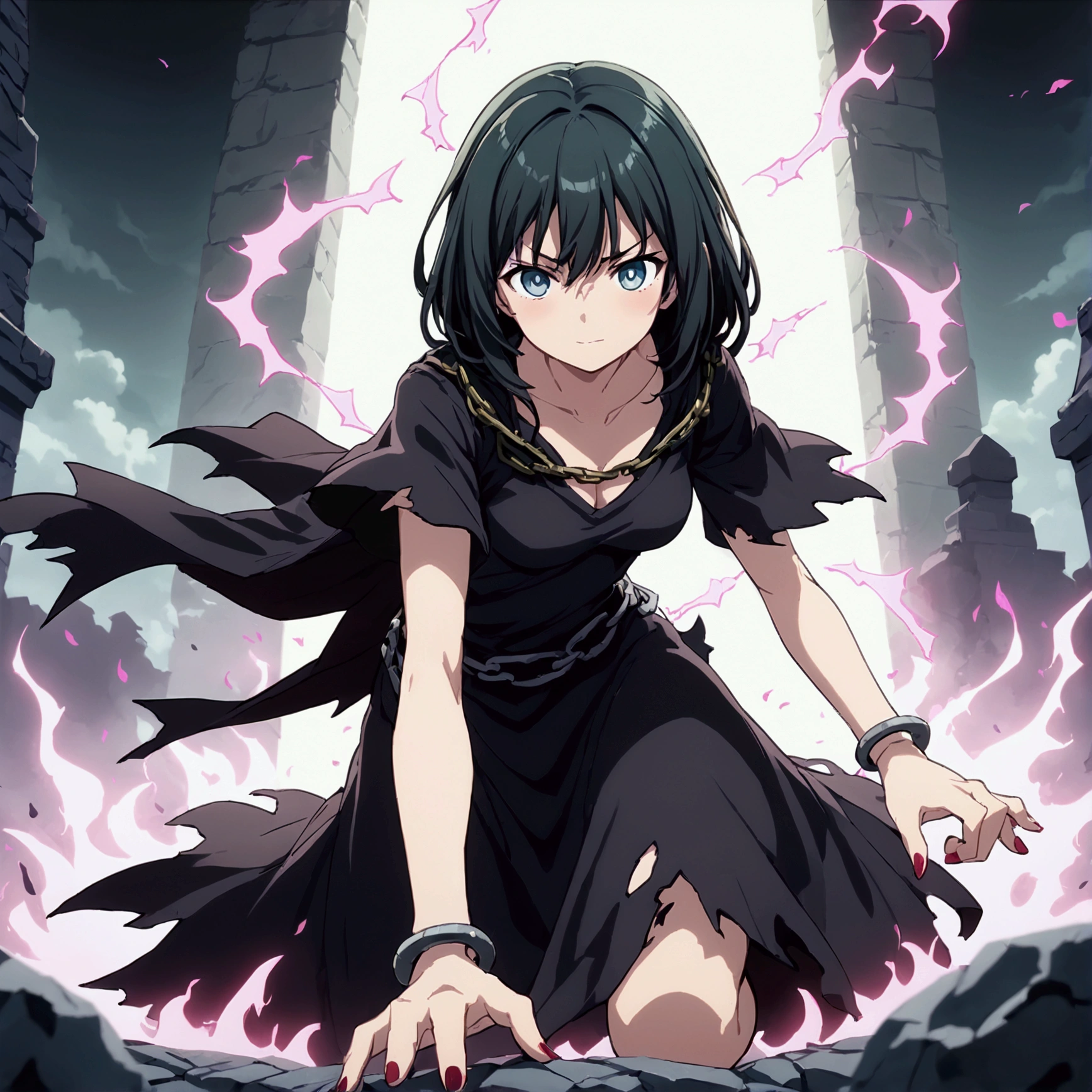 anime screenshot, 1 adult girl, dark sorceress witch, magic battle scene, powerful sorcery technique, anime tv, anime fantasy shonen, dark fantasy, magic ability, pink fire skeletons, cel shading: adult female witch in attack stance, crawling ready to attack, chained in holy shackles, very short charcoal black hair covering her face as if very dark and light, a look of murderous madness and an athletic body, dark torn clothes with a long dirty torn dress, skeleton flames pink summoning