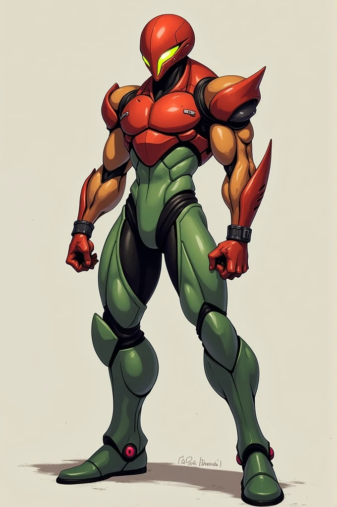 Draw Zero Suit Samus, that has a muscular male body from the neck down  