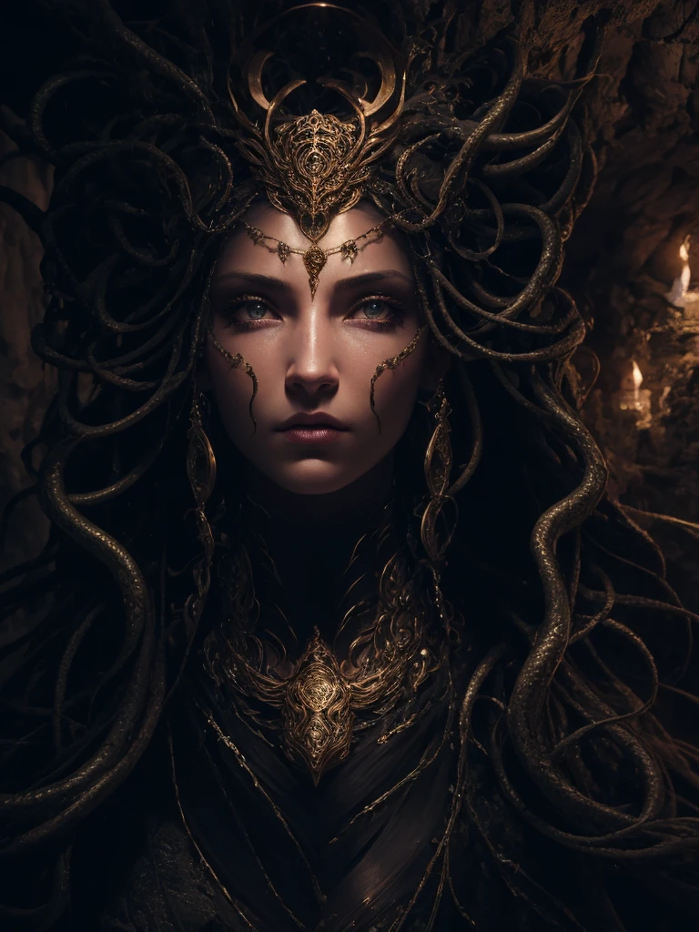 best quality, 8k, very delicate and beautiful, highly detailed face and skin texture, shiny skin, high resolution, medusa stand in a cave, full body, sharp focus