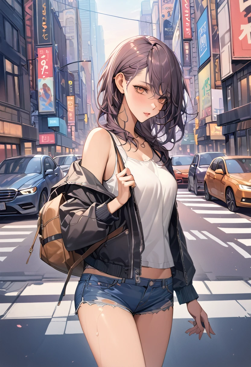 (((masterpiece,Highest quality:1.3,Highest qualityのイラスト))),((Realistic:1.2)),Cowboy Shot,solo,1 Female,(Mature Beauty),Black Hair,Straight Long Hair,amount,Center parted bangs,Iris,(Gorgeous big eyes),(very small head),blush,((Very long body,skinny,Slender body)),((navy blue baseball jacket)),Small breasts,Glowing Skin,Oily skin,denim micro shorts,Wearing a white tank top and blouson,on the road,New York City、