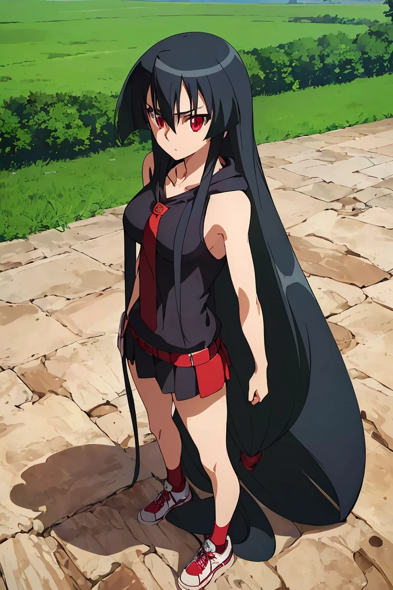 Master piece, best quality,(((1girl,solo))),full_body,akame,red_eyes,black_hair,(((very_long_hair))), yellow_hoodie, short _shorts, loose_socks, sneakers,looking_at_me,backgroud_road