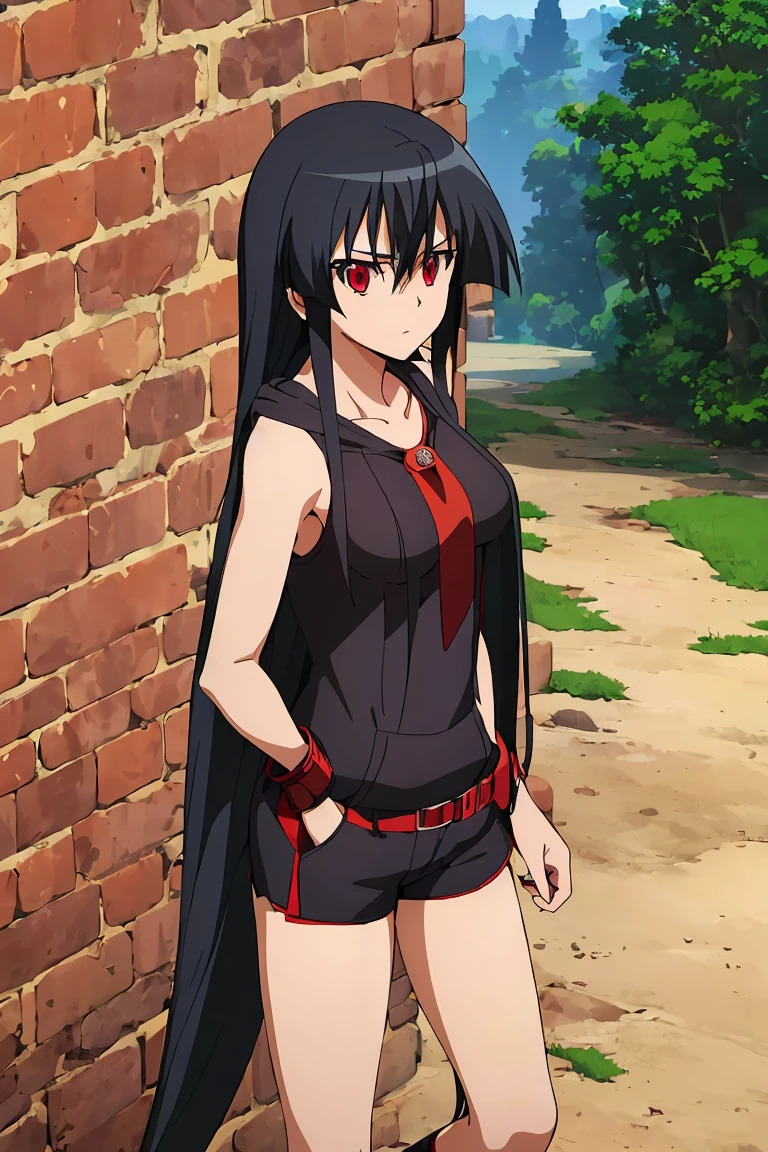 Master piece, best quality,(((1girl,solo))),full_body,akame,red_eyes,black_hair,(((very_long_hair))), yellow_hoodie, short _shorts, loose_socks, sneakers,looking_at_me,backgroud_road